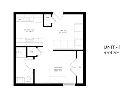 Floor plan for studio, 1 bath, 448 sqft